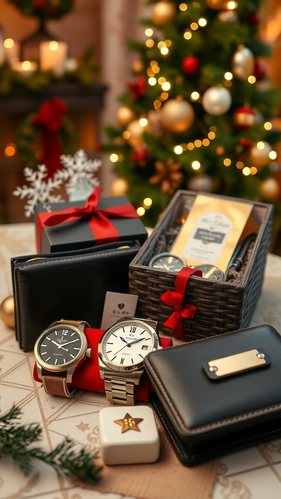 Luxury Christmas gifts for a boyfriend including a watch, wallet, and gourmet basket on a festive table.